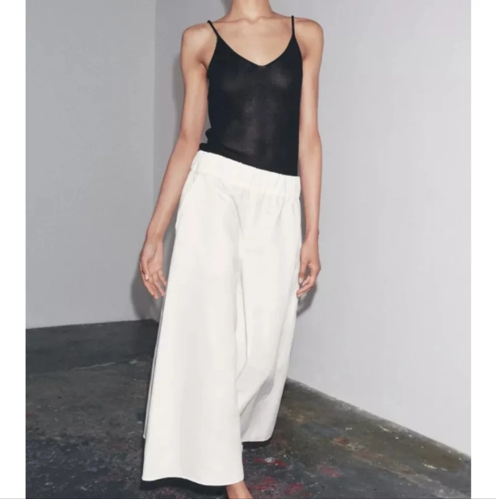 Zara Zw Collection Ecru Linen Volume Wide-Leg Crop Pants Sz-S